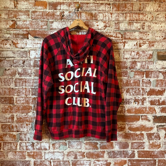 Anti Social Social Club Red Black Checkered Hoodie Large ASSC Plaid Streetwear - Picture 2 of 5